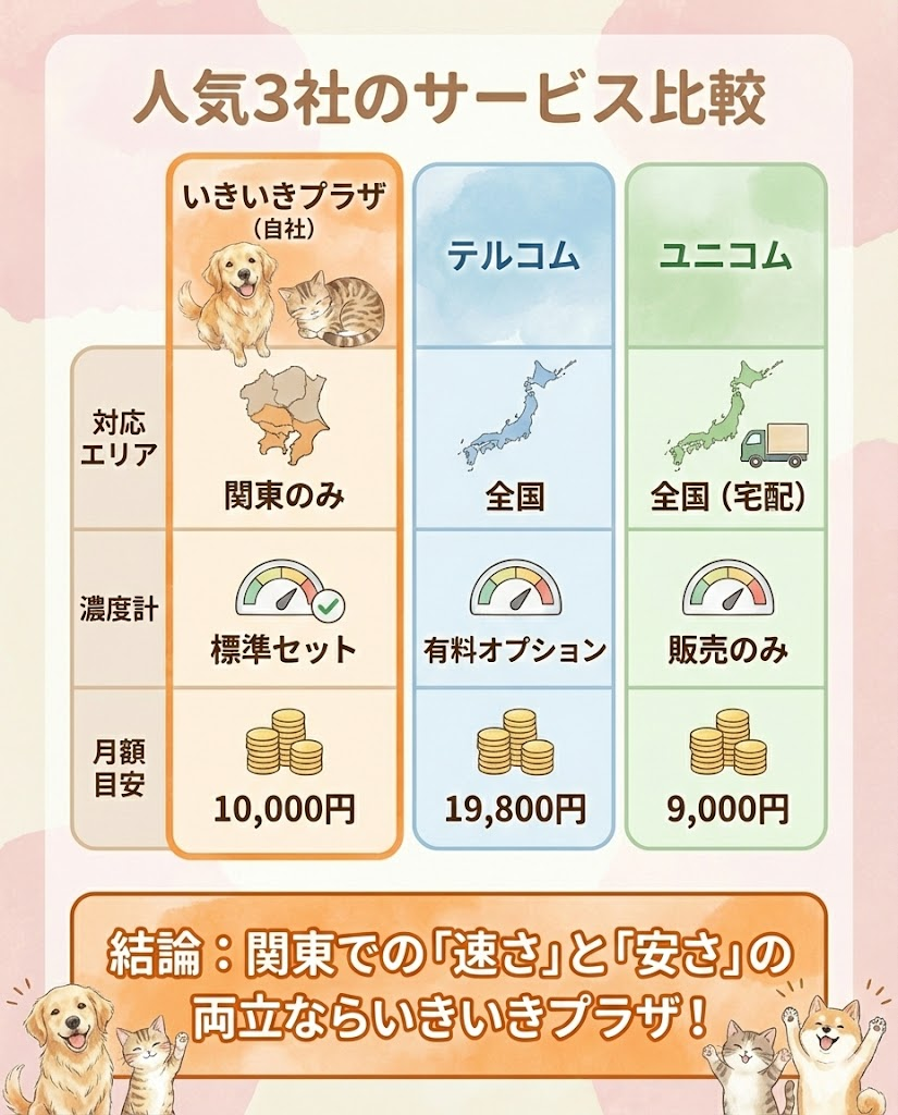 いきいきプラザ、テルコム、ユニコムの3社比較表。エリア、濃度計の有無、月額料金の違いを図解