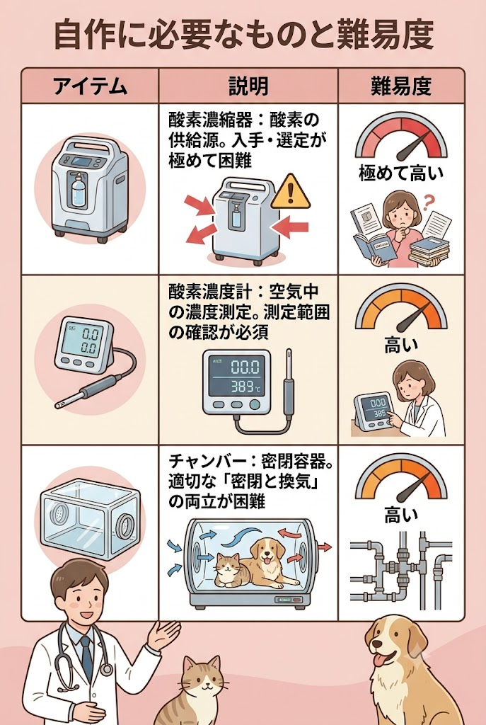 ペット酸素室の自作に必要なもの(酸素濃縮器・濃度計・チャンバー)とそれぞれの難易度を解説した表