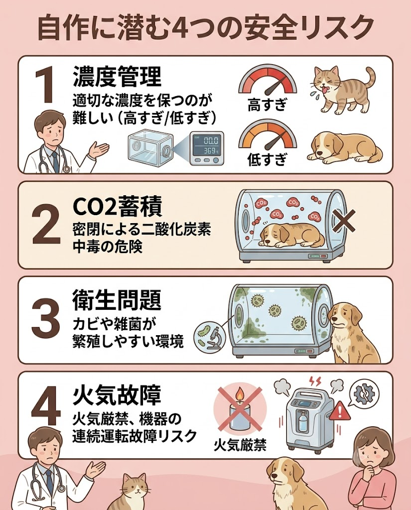ペット酸素室の自作に潜むリスク(濃度、二酸化炭素、衛生、火気故障)をまとめた図解