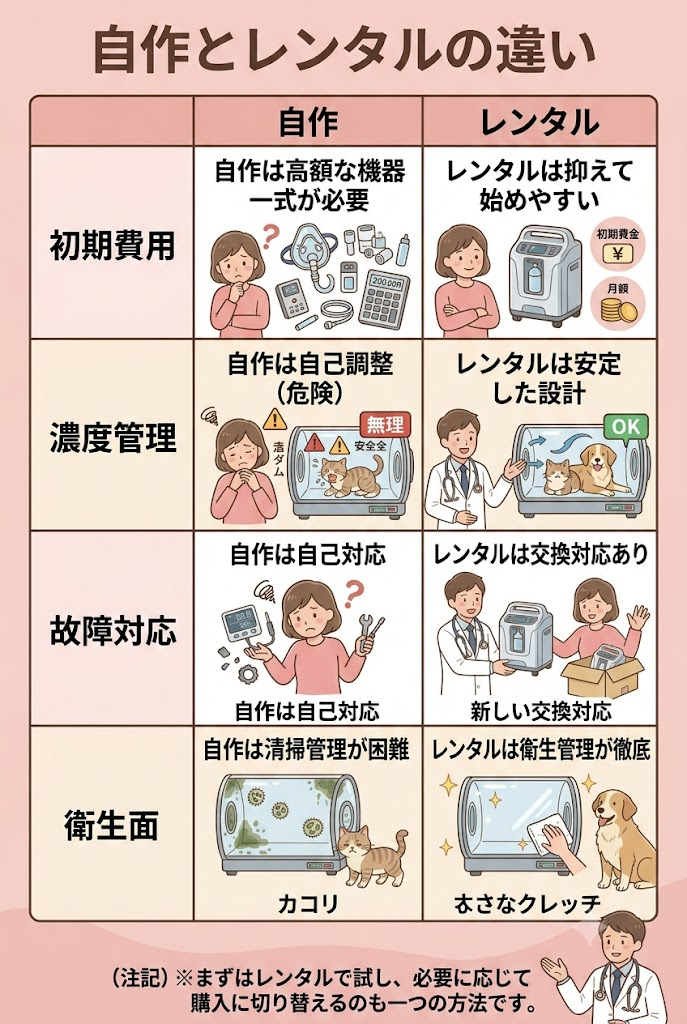 自作とレンタルを費用、濃度管理、故障対応、衛生面の4軸で比較した表