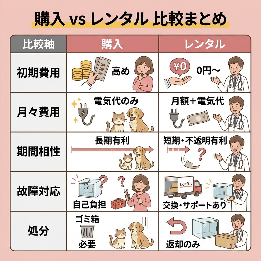 ペット酸素室の購入とレンタルの違い。初期費用、月額、使う期間、故障対応、処分方法を比較した表。