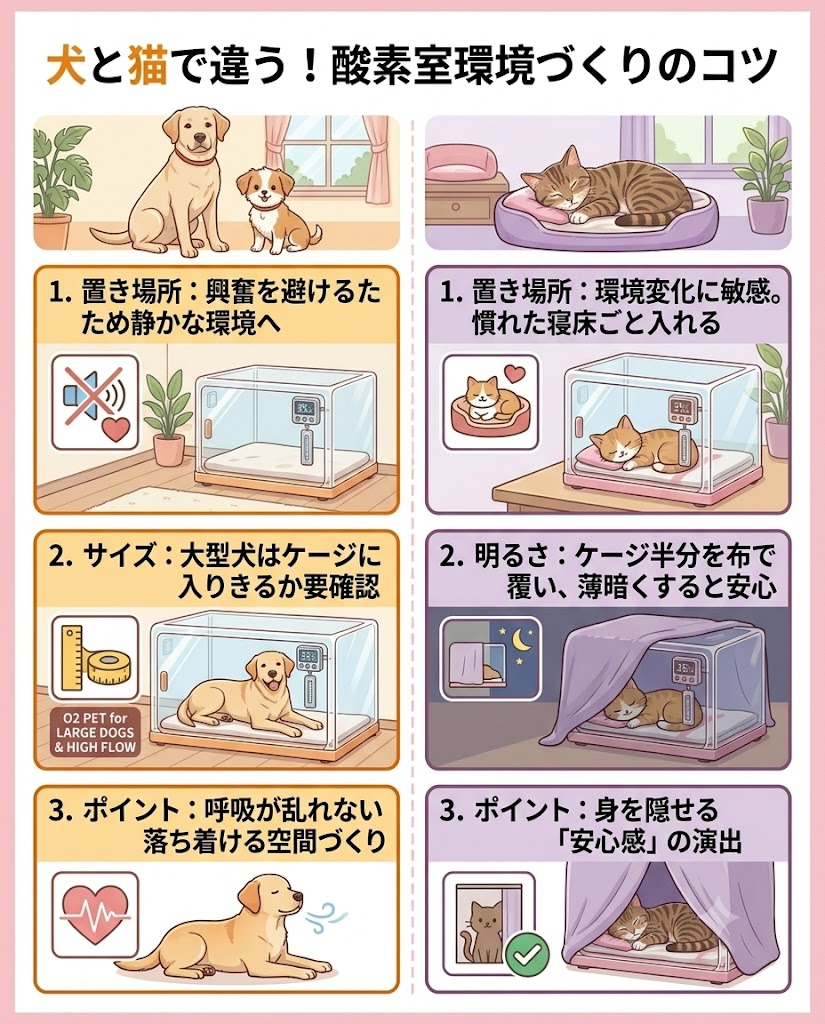 犬と猫の酸素室環境づくりの違い。犬は静かな環境と大型犬のサイズ確認が重要、猫は慣れた寝床と薄暗い環境で安心感を作ることが重要と解説