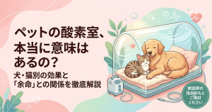 ペットの酸素室の効果や意味についての解説記事アイキャッチ。犬・猫別の使われ方や余命との関係を解説する内容を訴求。