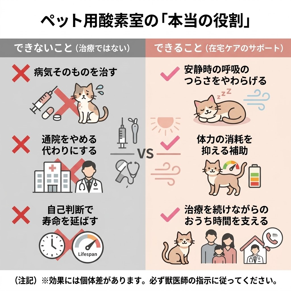 ペット用酸素室の役割を図解。病気を治すものではなく、呼吸のつらさをやわらげ、おうちでの時間を支えるサポートであることを対比して説明。