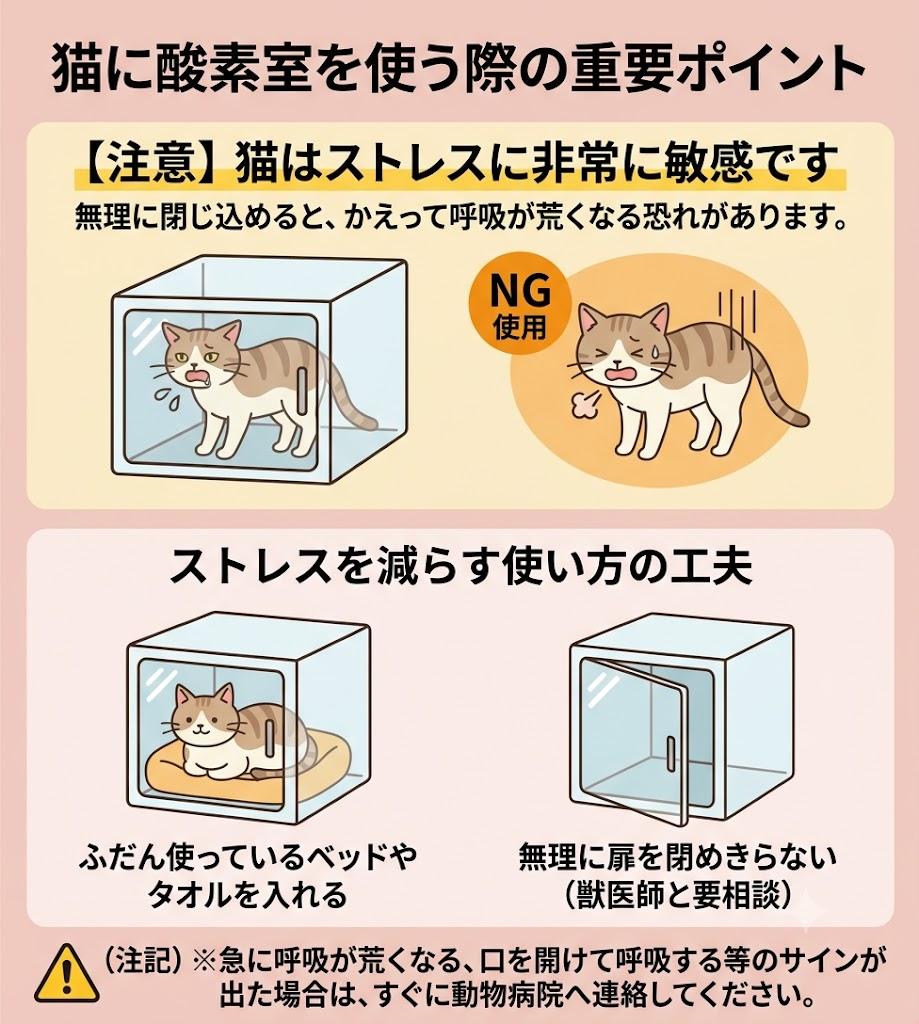 猫に酸素室を使う際の注意点を図解。無理に閉じ込めず、自分のベッドを入れるなどストレスを減らす工夫と、危険なサインが出た際の受診を促す内容。