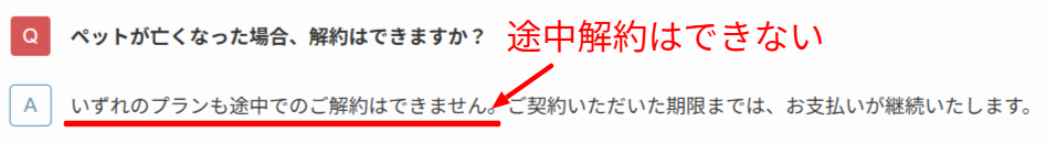 オーツーペット公式サイトの途中解約条件に関する記載部分